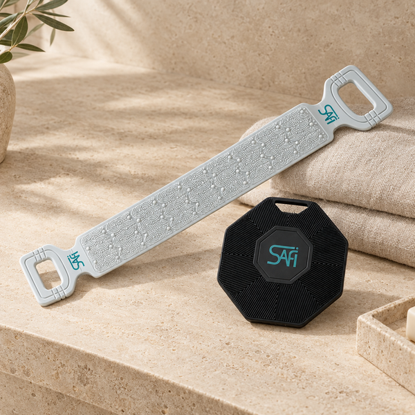 SAFI Back & Body Duo – For Him: blue back scrubber and black octagon scrubber