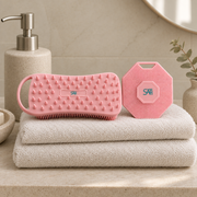 SAFI Scalp & Body Duo – For Her: pink scalp massager and pink octagon scrubber