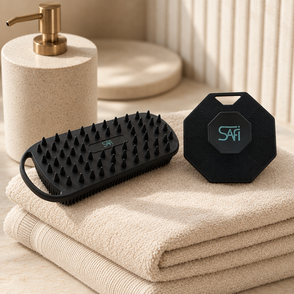 SAFI Scalp & Body Duo – For Him: black scalp massager and black octagon scrubber