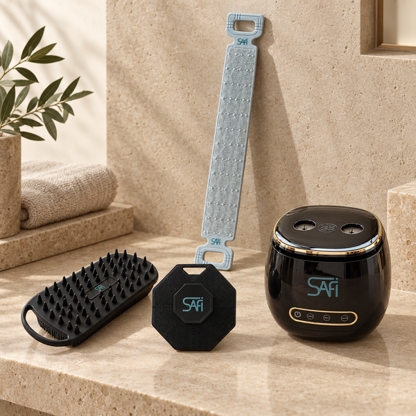 SAFI The Full Set – For Him: blue back scrubber, black scalp massager, black octagon and black ultrasonic cleaner
